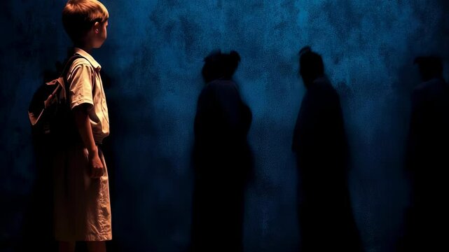 Child facing group in dimly lit room, eerie shadows, mystery, isolation