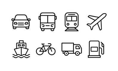 Minimalist transportation and travel icons in simple line art style