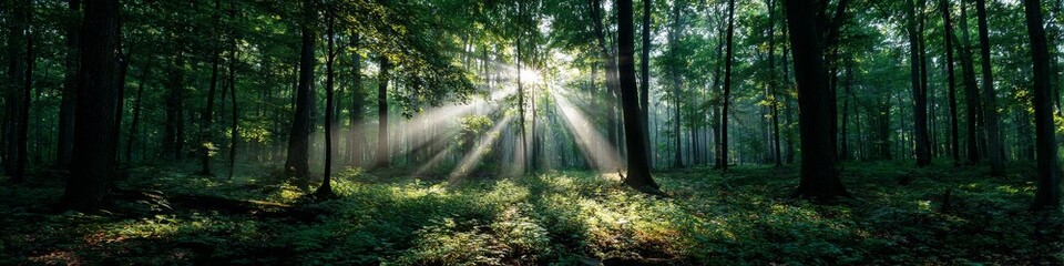 Obraz premium Beautiful rays of sunlight in a green forest shining through trees and tree branches. Concept of new beginning and spirituality.