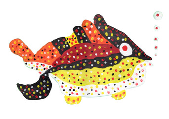 Fairy tale fish, hand drawn gouache painting, isolated on a transparent background 