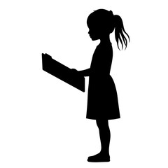 Silhouette of young girl holding clipboard and standing upright  