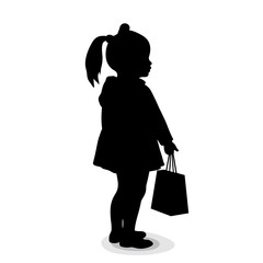 Young girl silhouette holding shopping bag on white background  
