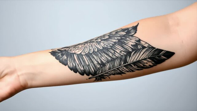 A person's arm with a black and white feather tattoo