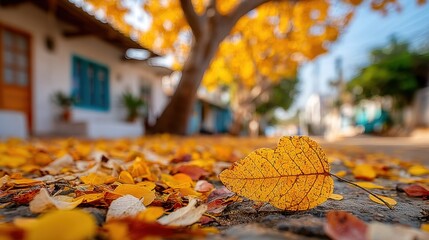 Fallen yellow leaf lies on the ground during autumn with blurred background