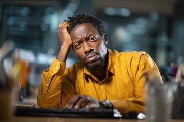 Obraz premium Anxious African American Professional at Work, Capturing the Tension of Creative Endeavors in a Vibrant Office Setting