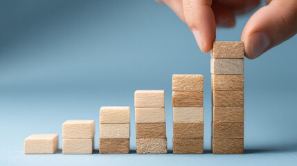 Businessman building increasing stacks of wooden blocks symbolizing growth