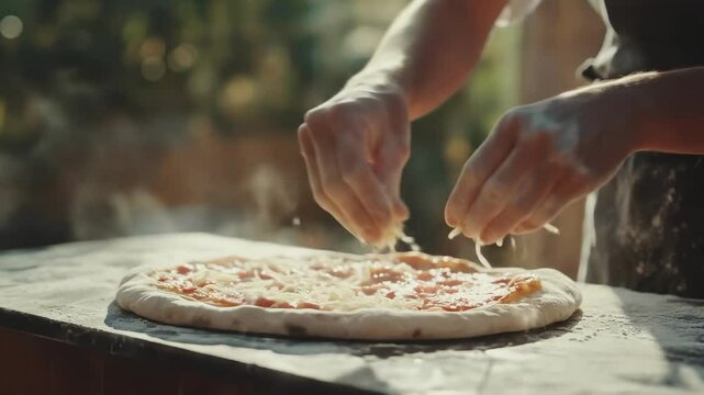 Hands gently sprinkle shredded cheese onto fresh pizza dough with vibrant tomato sauce for delicious homemade meal
