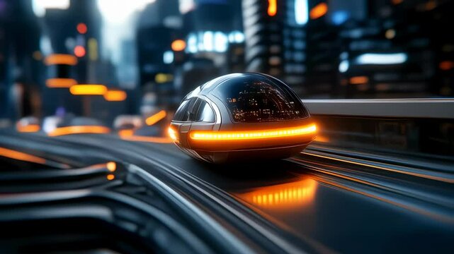 Futuristic skytrain gliding through neonlit cityscape at night