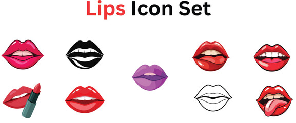 Collection of diverse lips illustrations with lipstick isolated on white background