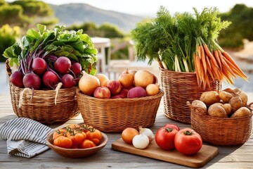 Rustic display of freshly harvested vegetables in wicker baskets on a wooden table