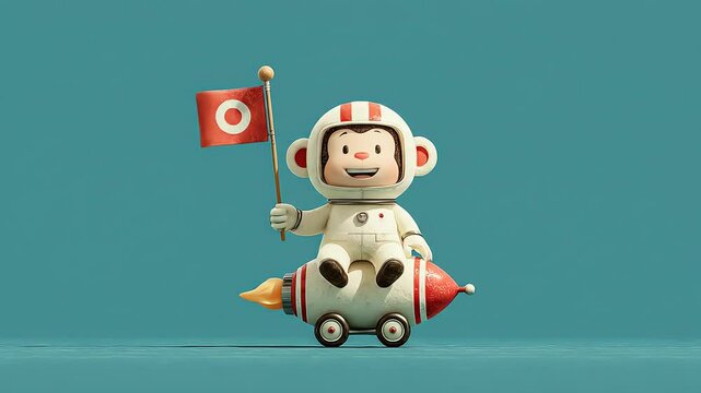 A cartoon monkey astronaut smiles sitting on a rocket waving a flag against a solid blue background