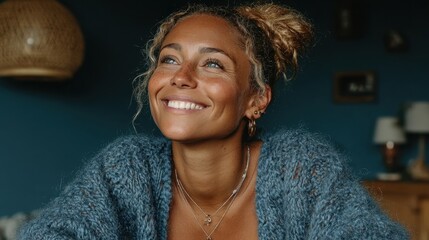 Young woman smiling and looking up, feeling positive emotions at home