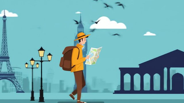 A cartoon traveler in Europe with Big Ben Eiffel Tower and birds visible in the background