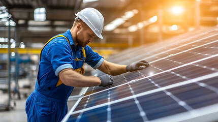 Technician inspecting solar panels, ensuring efficient energy production and promoting sustainable practices. Renewable energy for a brighter future.