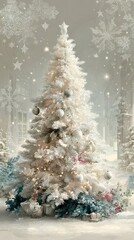 White christmas tree decorated with ornaments and gifts in snowy setting