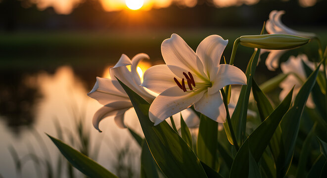 White lilies blooming silhouetted against a golden sunset over a peaceful lake