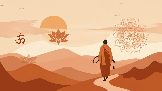 A monk walks across a desert landscape with Buddhist symbols at dusk