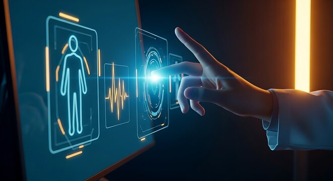 Telemedicine and digital health concept. A doctor's hand in a video consultation interacts with a patient's holographic vital signs next to the screen.
