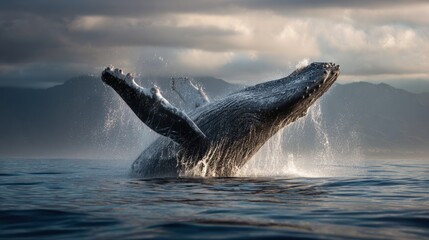 Fototapeta premium Whale leaping in dramatic ocean scene
