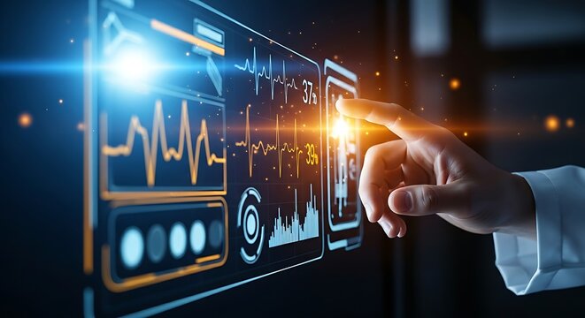 Telemedicine and digital health concept. A doctor's hand in a video consultation interacts with a patient's holographic vital signs next to the screen. - Powered by Adobe