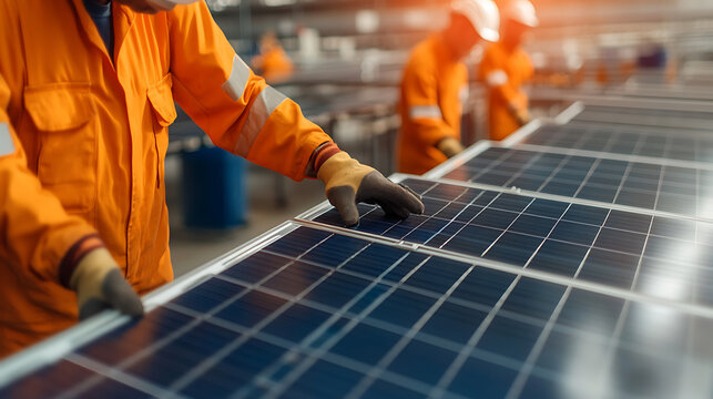 Solar Panel Installation: Workers in protective gear carefully install solar panels at a manufacturing facility, showcasing sustainable energy solutions.