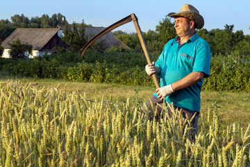 A farmer in a straw hat stands among golden wheat stalks, using a scythe to harvest crops under the...
