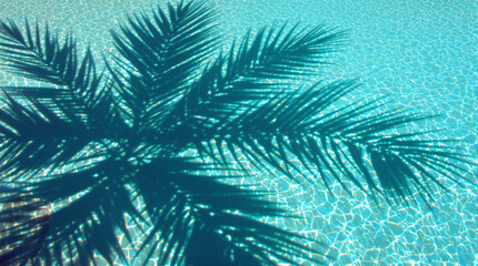 Palm tree branches shadow on blue water surface. shadow of palm leaves on blue texture background. Concept of tropical beach and summer vacation, Luxury travel holiday