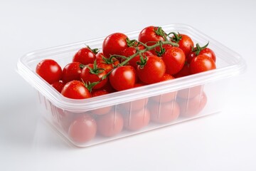 Fresh Cherry Tomatoes in a White Container Against a Bright Background