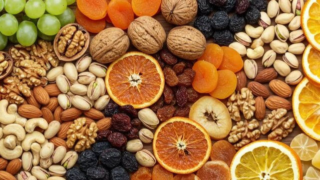 A vibrant assortment of dried fruits nuts and grapes arranged on a wooden surface top down view