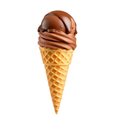 Chocolate ice cream scoop on waffle cone isolated on transparent background