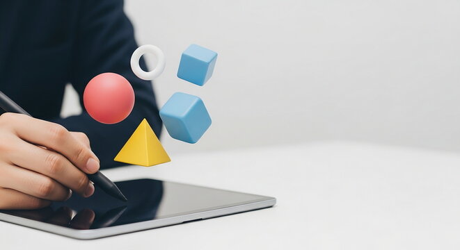 Digital design with floating 3D geometric shapes on tablet