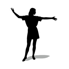 Young woman dancing joyfully in silhouette on white background  