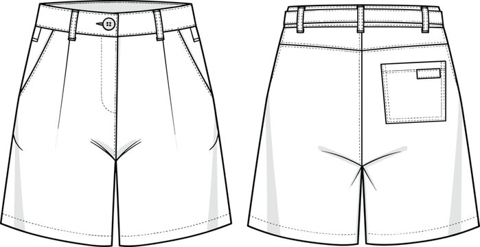 Tailored shorts vector template, front and back fashion sketch, button closure, belt loop design, side and flap pockets, editable garment mockup illustration layout
