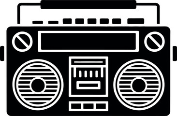 Retro Boombox Silhouette Icon Vintage Audio Player Portable Stereo System Black and White Graphic Design Element Isolated on White