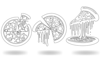 Minimalist Black and White Line Art of Melting Pizza Slices