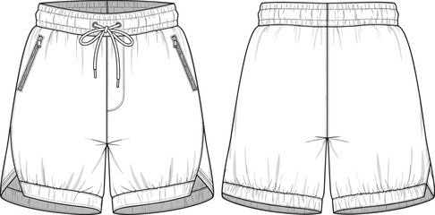Activewear shorts vector template, front and back fashion sketch, zippered pocket design, elastic drawstring waistband, curved hem detail, editable garment mockup illustration