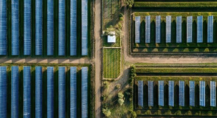 Obraz premium Bird's Eye View of a Solar Panel Array in a Renewable Energy Farm with a Clear Blue Sky