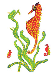 Seahorse fishes and seaweed, isolated on a transparent background. Hand drawn gouache painting