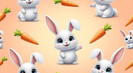 White Bunny and Carrots Seamless Pattern on Pastel Background