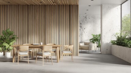 Light-filled modern dining area with wooden accents
