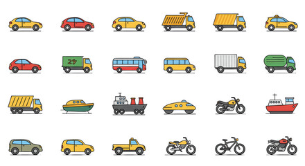transportation icons set png, vehicle, travel, delivery, logistics, truck, car, bus, train, airplane, ship, scooter, bicycle, taxi, van, cargo, freight, shipping