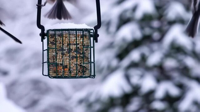 Winter Feast: Long-tailed Tits Feeding Frenzy on Snowy Bird Feeder