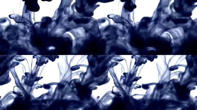 Symmetrical split-screen animation of dark ink clouds billowing in water on a clean white background