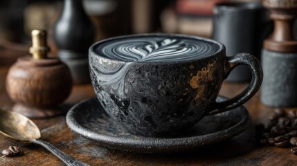 Dark Coffee Latte in Black Cup with Latte Art