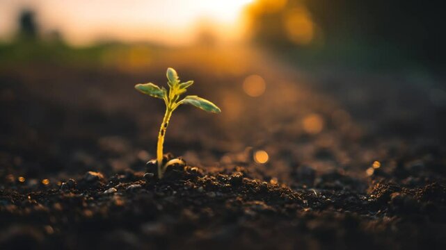 Vibrant time lapse of growing plant from seedling in rich soil at sunrise development.