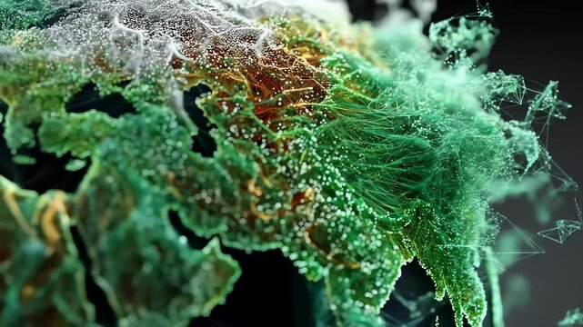 An abstract rendering featuring clusters of white dots green tendrils and weblike structures against a blurred background