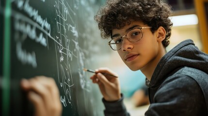 Young Student with Glasses Solving Equations on Chalkboard, Focused and Attentive