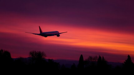 Airplane flying in the sky at sunset. the sky is a gradient of pink, orange, and purple, with the sun setting in the background.