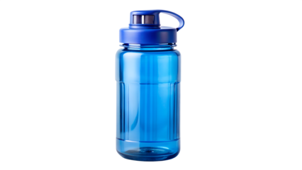 A translucent blue plastic water bottle with a blue cap is isolated on transparent background, ideal for staying hydrated during workouts