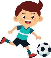 Joyful cartoon boy wearing a teal shirt and dark shorts kicking a soccer ball with a big smile on his face isolated on transparent background